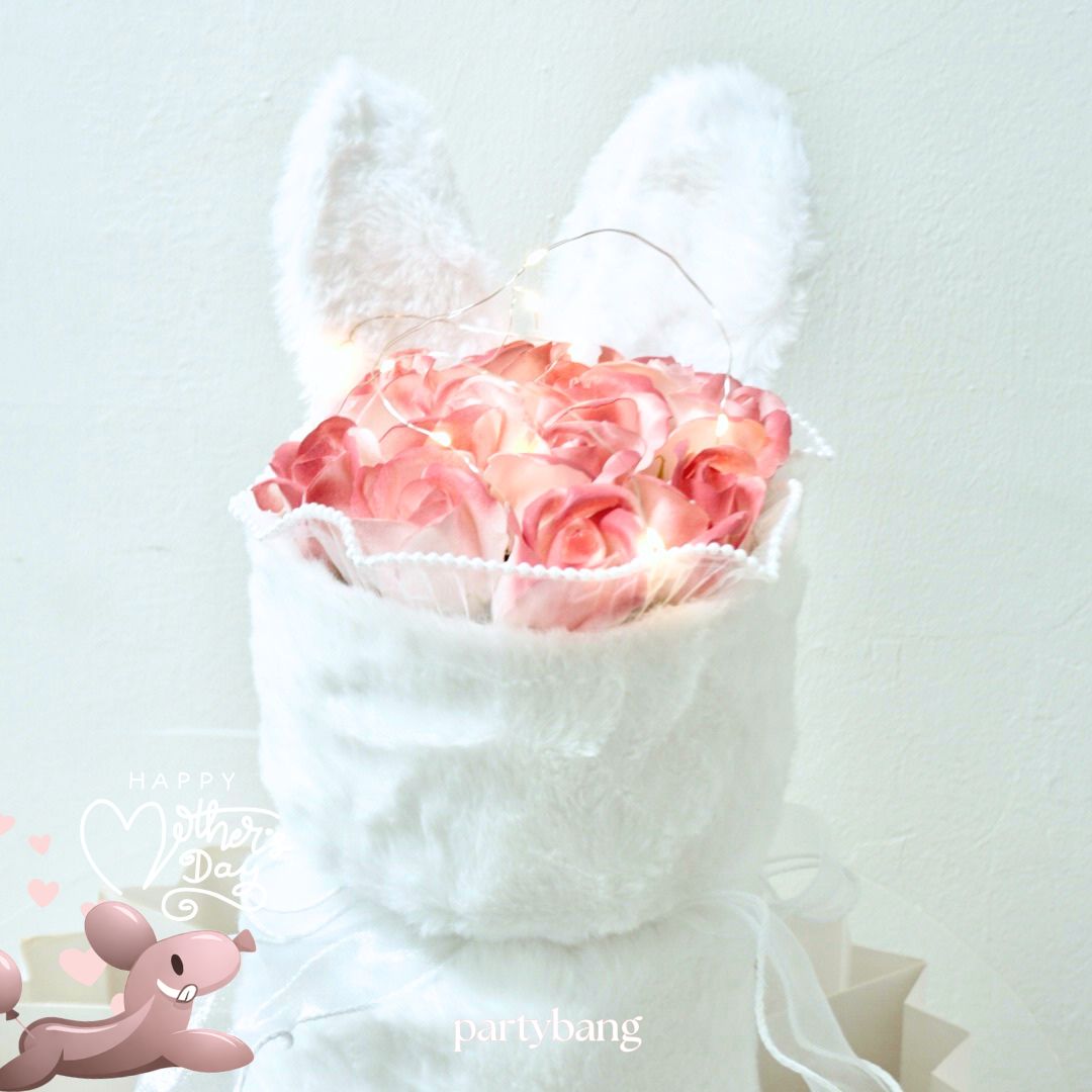 Mother's Day White Bunny Pink Faux Flower Bouquet