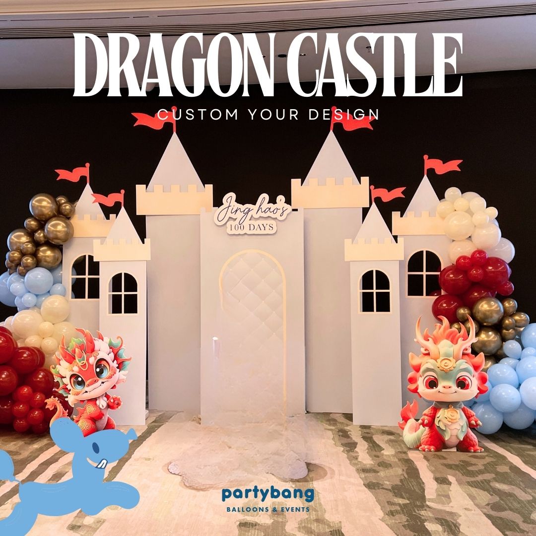 Castle Dragon Kids Theme Backdrop Setup with Balloon Garland (Custom)