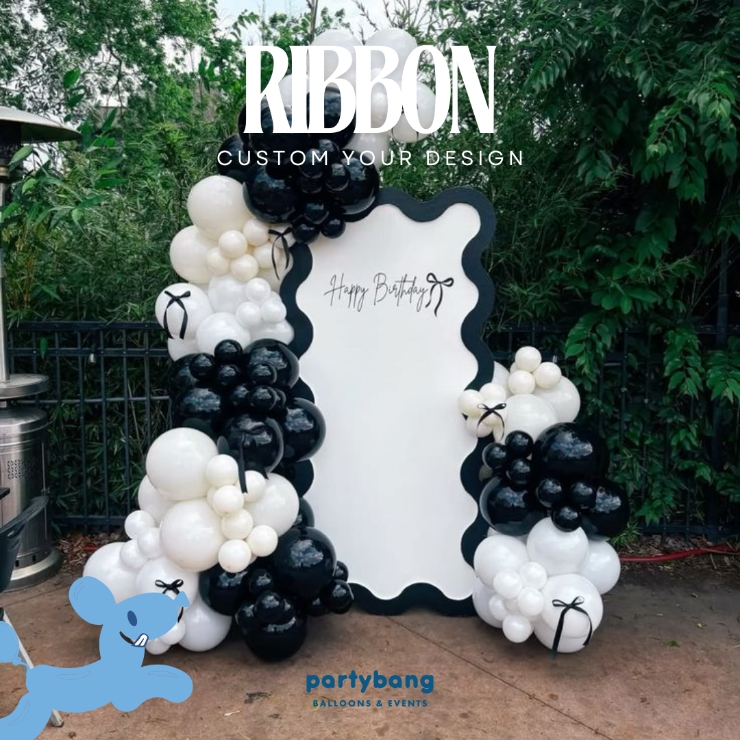 Black Ribbon Adult Theme Backdrop Setup with Balloon Garland (One Board)