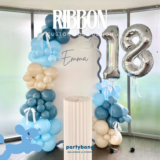 Black Ribbon Adult Theme Backdrop Setup with Balloon Garland (One Board)