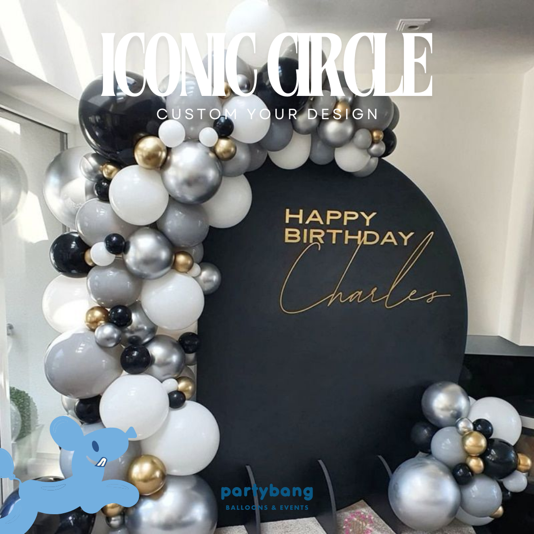 Iconic Circle Adult Theme Backdrop Setup with Balloon Garland (One Board)