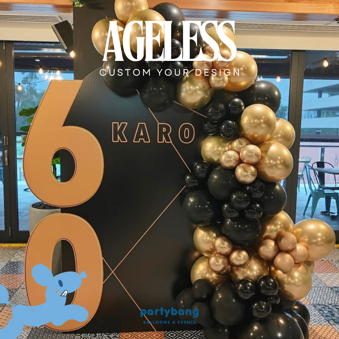 Ageless Adult Theme Backdrop Setup with Balloon Garland (One Board)