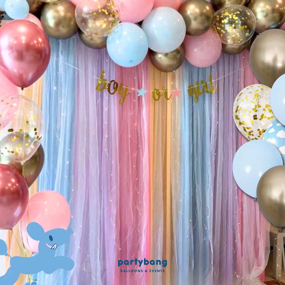 3x3m Gender Reveal Curtain Backdrop with Helium Balloons Setup