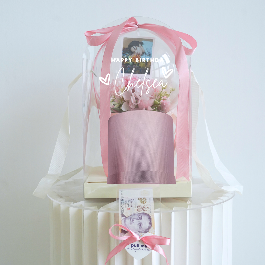 Everlasting Flower Custom Photo & Money Flower Plastic Dome Gift Box (Blush)