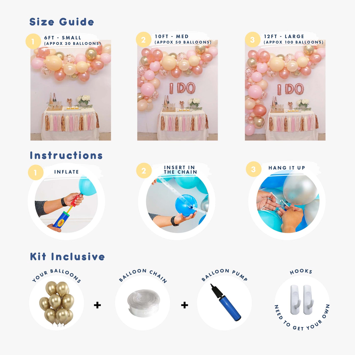 Balloon Garland White Cotton - White and Gold