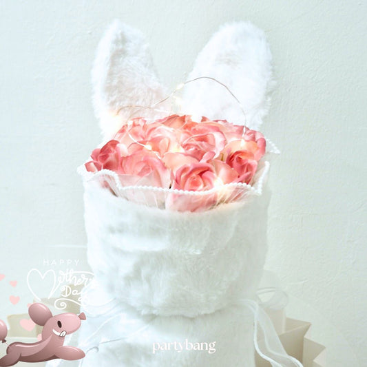 Mother's Day White Bunny Pink Faux Flower Bouquet
