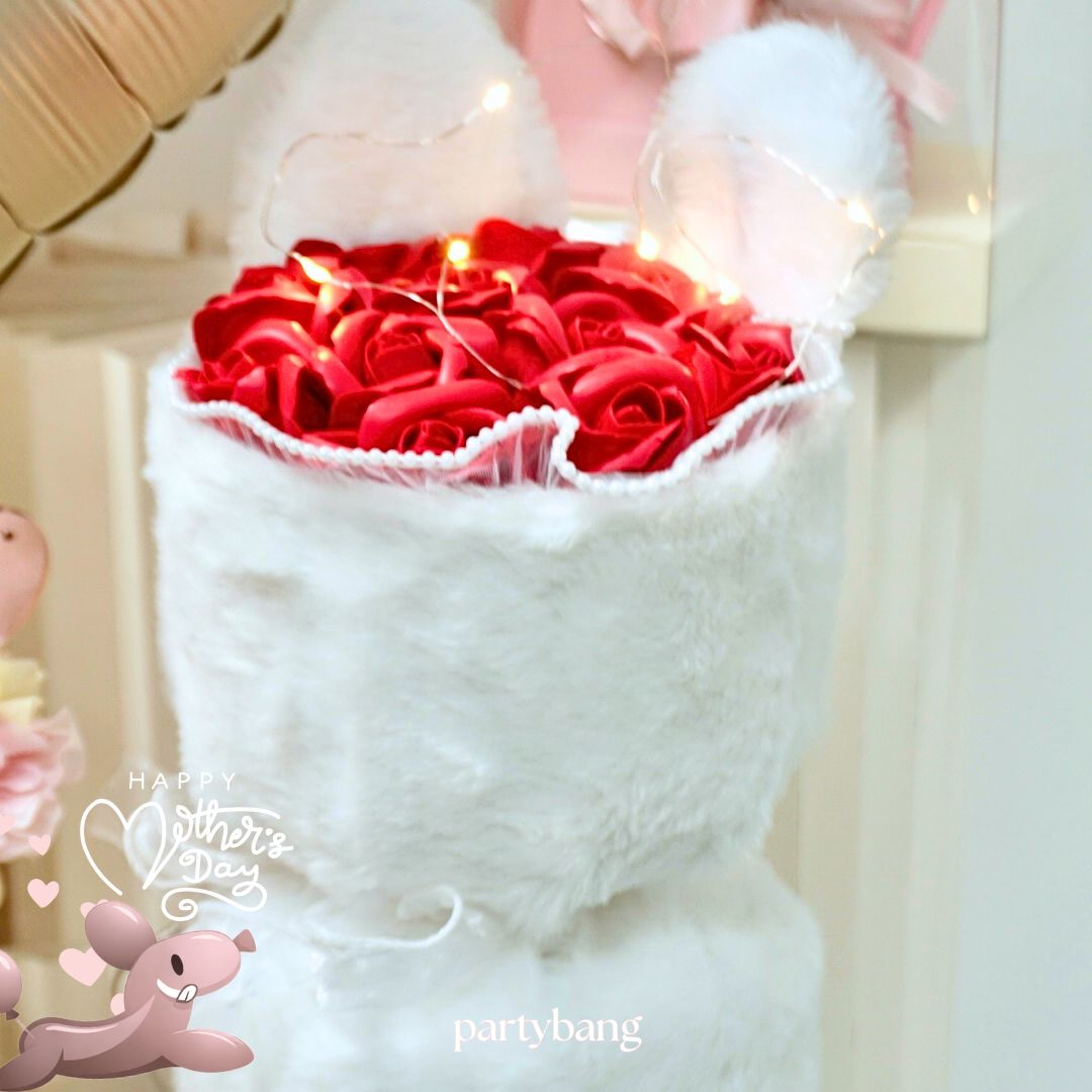 Mother's Day White Bunny Red Faux Flower Bouquet