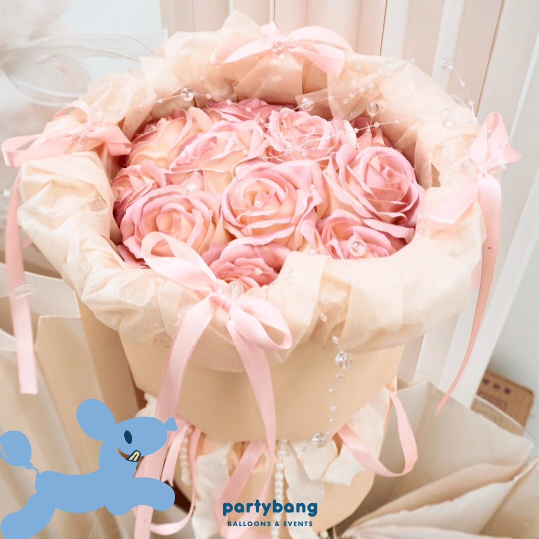 Ribbon Pearl Blush Faux Floral Bouquet for Valentine's Day