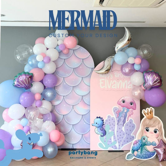 Mermaid Fairytale Kids Theme Backdrop Setup with Balloon Garland (Two Boards)