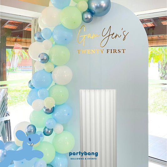 Plain Foamboard Arch Backdrop Setup with Balloon Garland (Blue Board w Pedestal)
