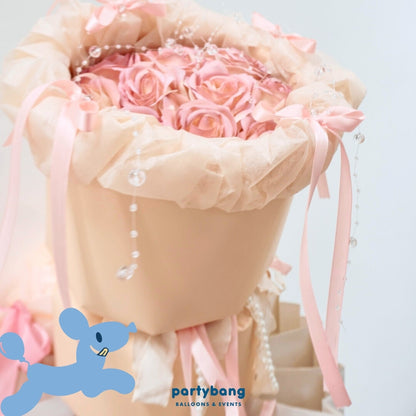 Ribbon Pearl Blush Faux Floral Bouquet for Valentine's Day
