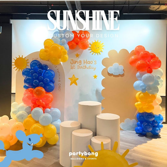Sunshine Kids Theme Backdrop Setup with Balloon Garland (Three Boards)