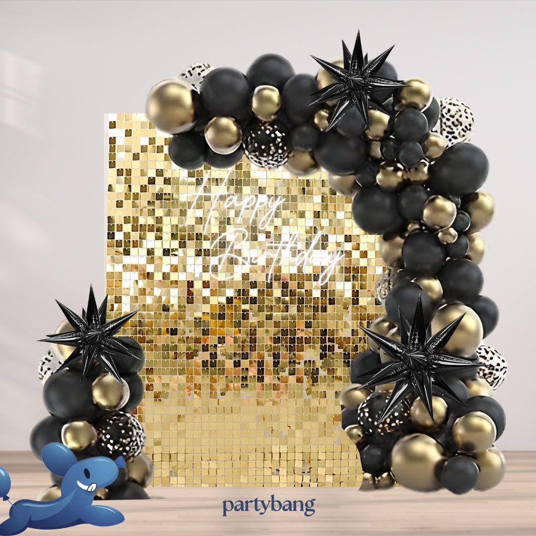 Gold Shimmer Wall Backdrop with Balloon Garland Set-up