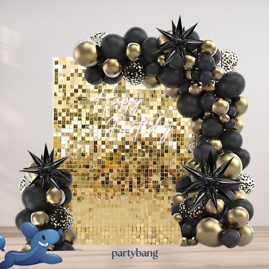 Gold Shimmer Wall Backdrop with Balloon Garland Set-up
