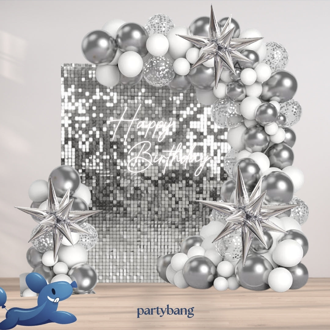 Silver Shimmer Wall Backdrop with Balloon Garland Set-up