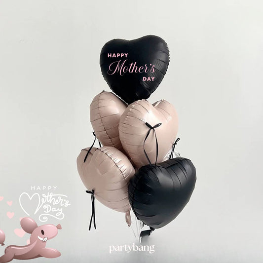 [Helium Inflated] 6pcs Happy Mother's Day Ribbon Hearts Balloons (Black Pink)
