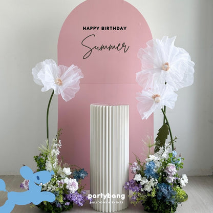 Botanic Plain Foamboard Arch Backdrop White Organza Purple x Blue Flower Base