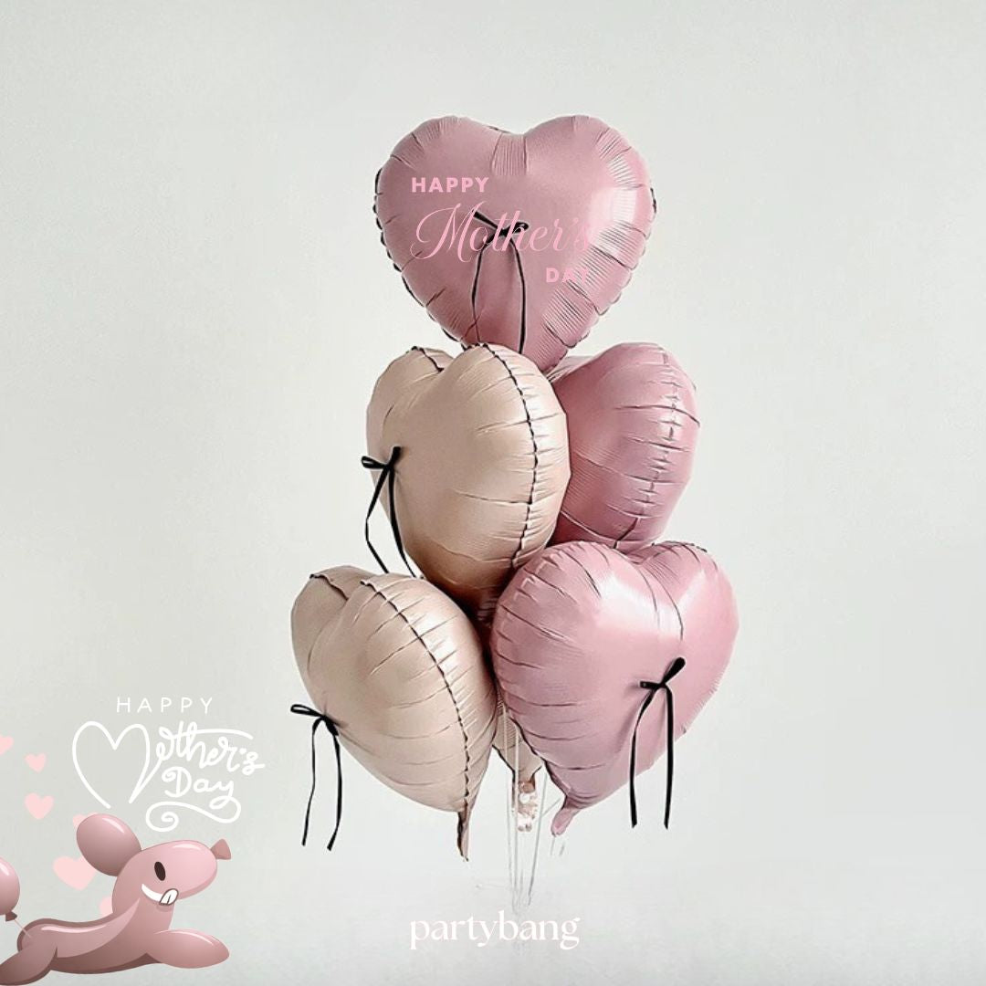 [Helium Inflated] 6pcs Happy Mother's Day Ribbon Hearts Balloons (Pink Cream)