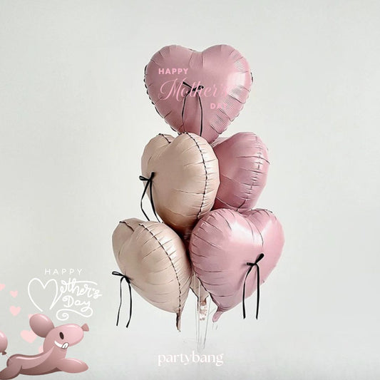 [Helium Inflated] 6pcs Happy Mother's Day Ribbon Hearts Balloons (Pink Cream)