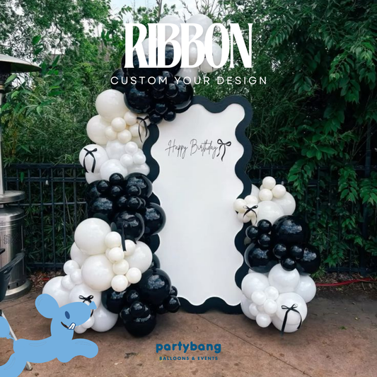 Black Ribbon Adult Theme Backdrop Setup with Balloon Garland (One Board)