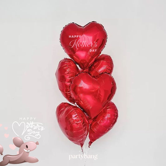 [Helium Inflated] 6pcs Happy Mother's Day Ribbon Hearts Balloons (Red)