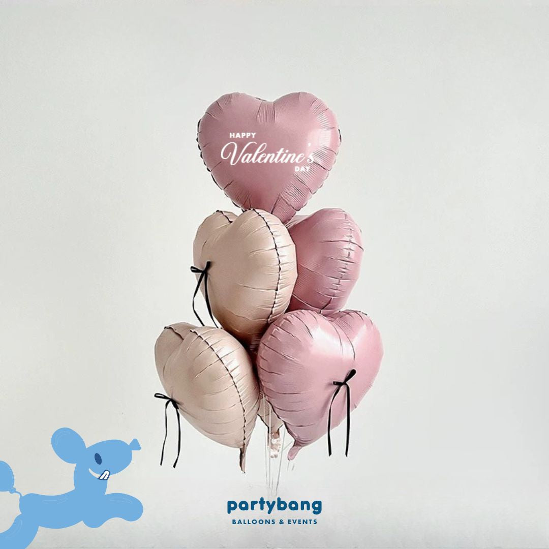 [Helium Inflated] Pink & Cream Hearts Valentine's Day Ribbon Balloons Bouquet