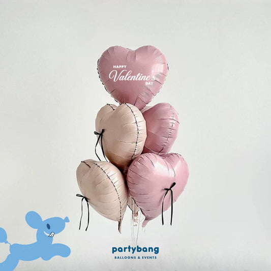 [Helium Inflated] Pink & Cream Hearts Valentine's Day Ribbon Balloons Bouquet