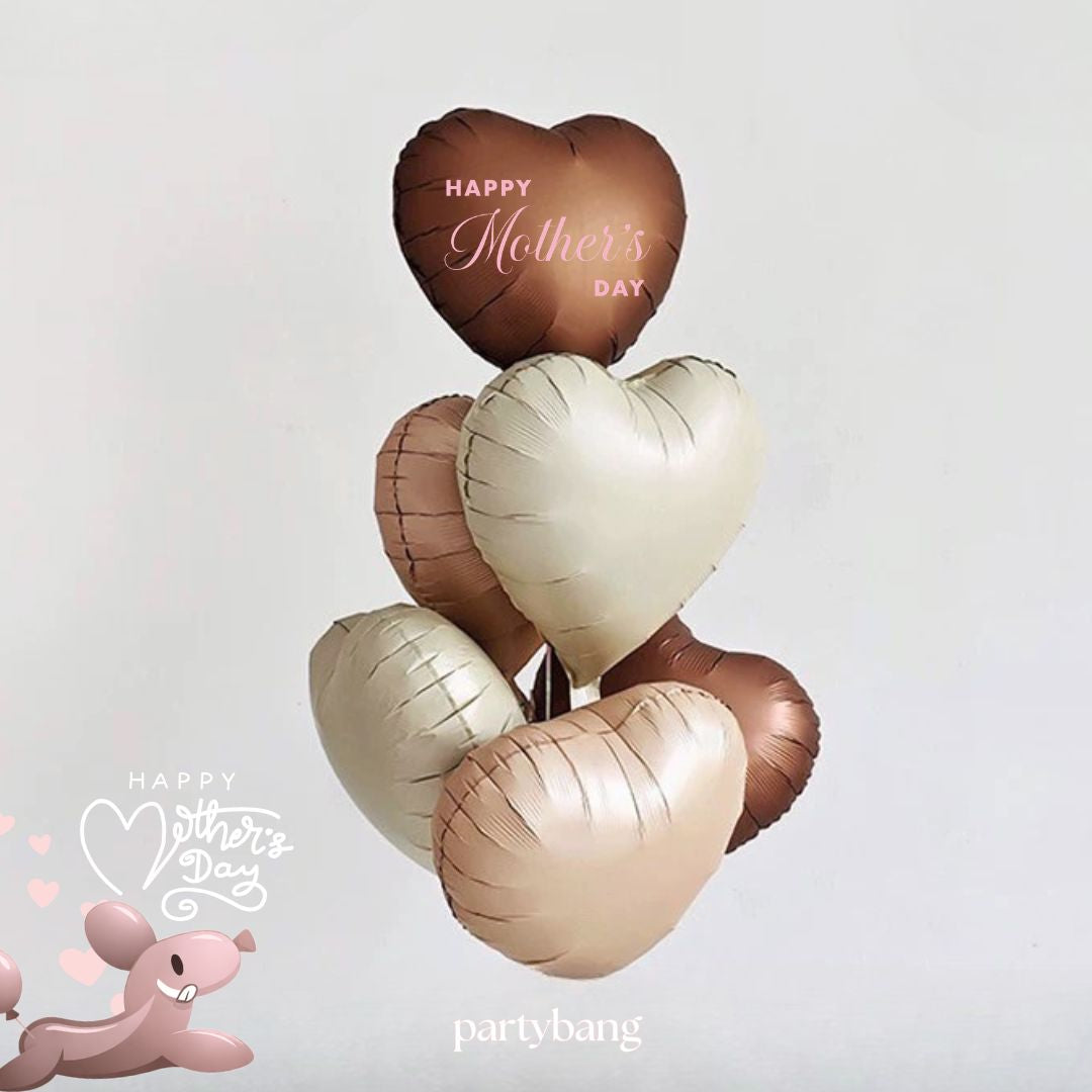 [Helium Inflated] 6pcs Happy Mother's Day Ribbon Hearts Balloons (Earth Tones)
