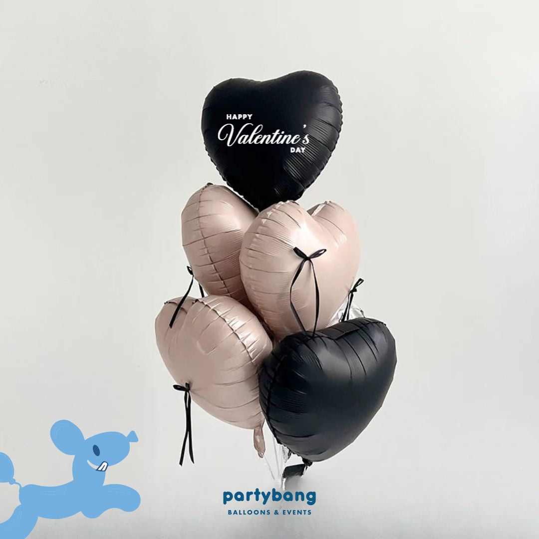 [Helium Inflated] Pink & Black Hearts Valentine's Day Ribbon Balloons Bouquet