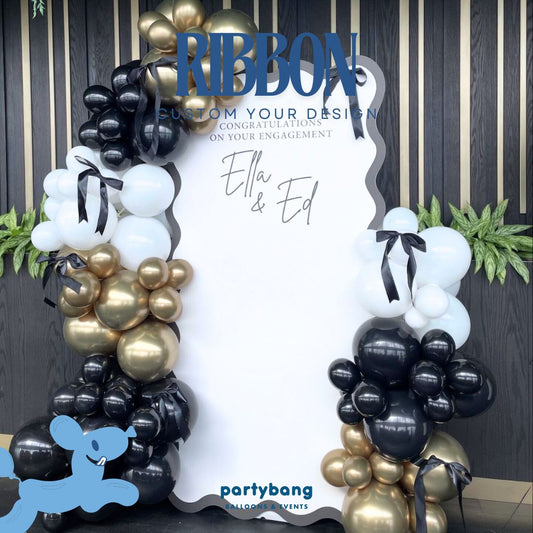 Black Ribbon Adult Theme Backdrop Setup with Balloon Garland (One Board)