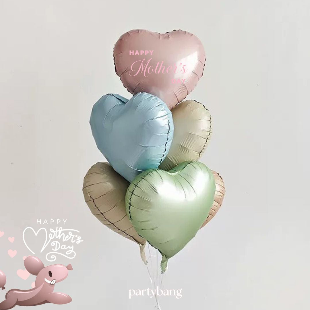 [Helium Inflated] 6pcs Happy Mother's Day Ribbon Hearts Balloons (Mix Pastel)