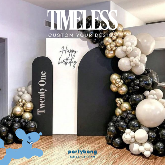 Timeless Adult Theme Backdrop Setup with Balloon Garland (Three Boards)