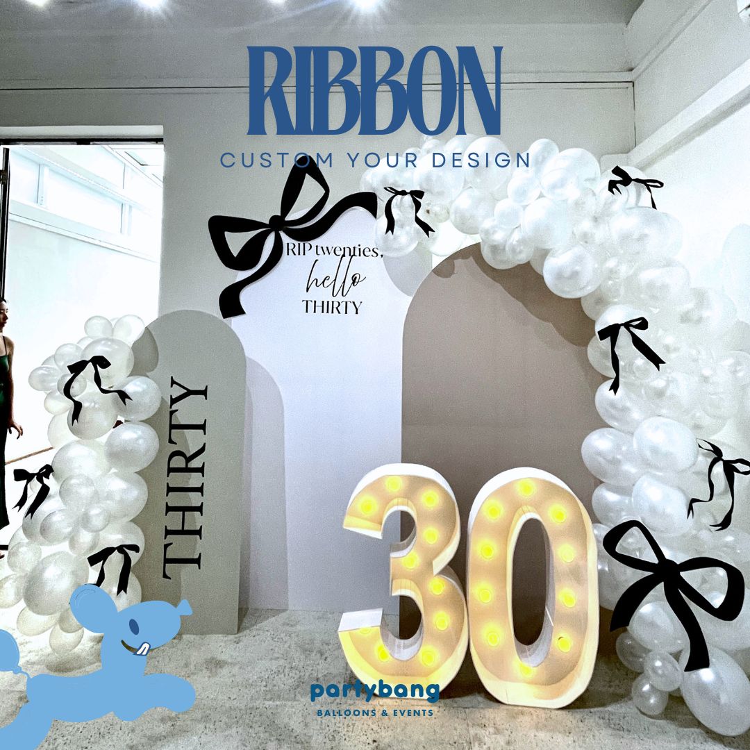 Timeless Ribbon Adult Theme Backdrop Setup with Balloon Garland (Three Boards)