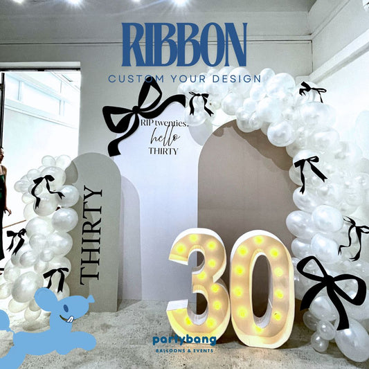 Timeless Ribbon Adult Theme Backdrop Setup with Balloon Garland (Three Boards)
