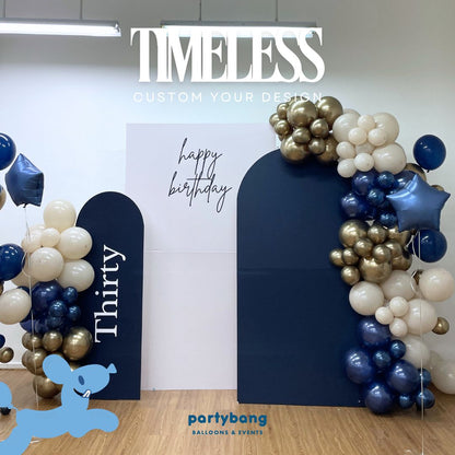 Timeless Adult Theme Backdrop Setup with Balloon Garland (Three Boards)