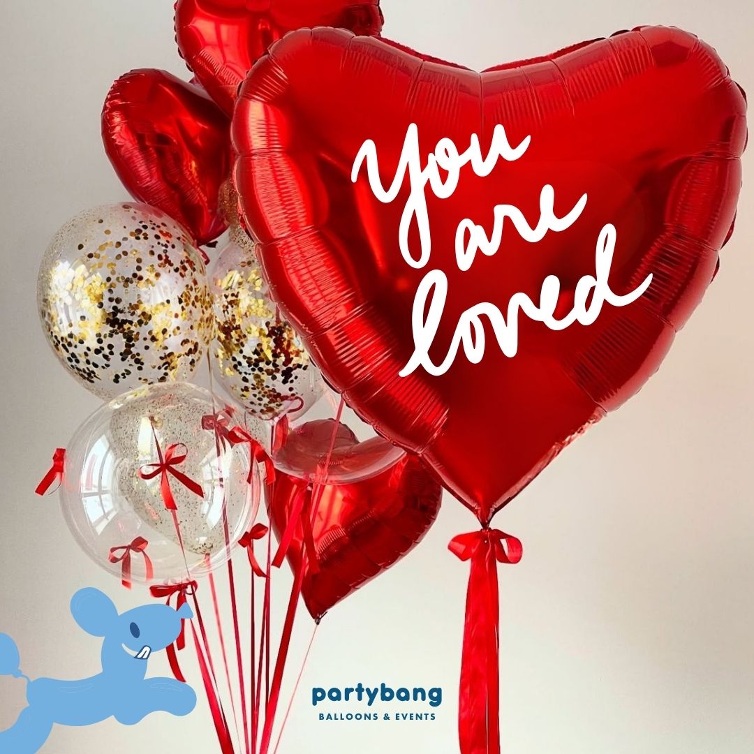 🎀 [Helium Inflated] Jumbo 32inch Custom Love Red Heart Balloon Cluster (9pc)