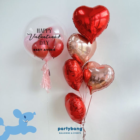 🎀 [Helium Inflated] 24inch Custom Bubble Clear Balloon with Heart Balloons (6pc)