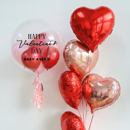 🎀 [Helium Inflated] 24inch Custom Bubble Clear Balloon with Heart Balloons (6pc)