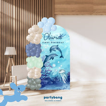 Load image into Gallery viewer, Custom Theme Foam Backdrop Set-up with Balloon Garland Supreme (One Board) Aquatic Adventures Ocean Dolphin Backdrop
