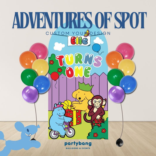 Adventures of Spot Custom DIY Theme Foam Backdrop with Helium Balloons