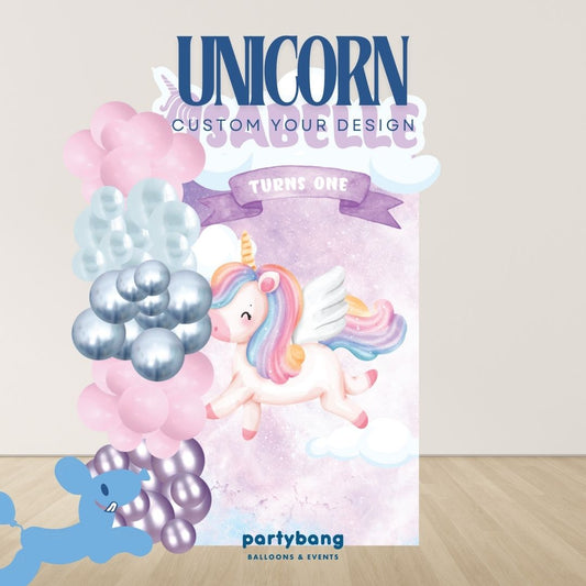 Unicorn Kids Theme Backdrop Setup with Balloon Garland (One Board)