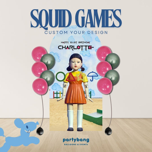 Squid Games Custom DIY Theme Foam Backdrop with Helium Balloons