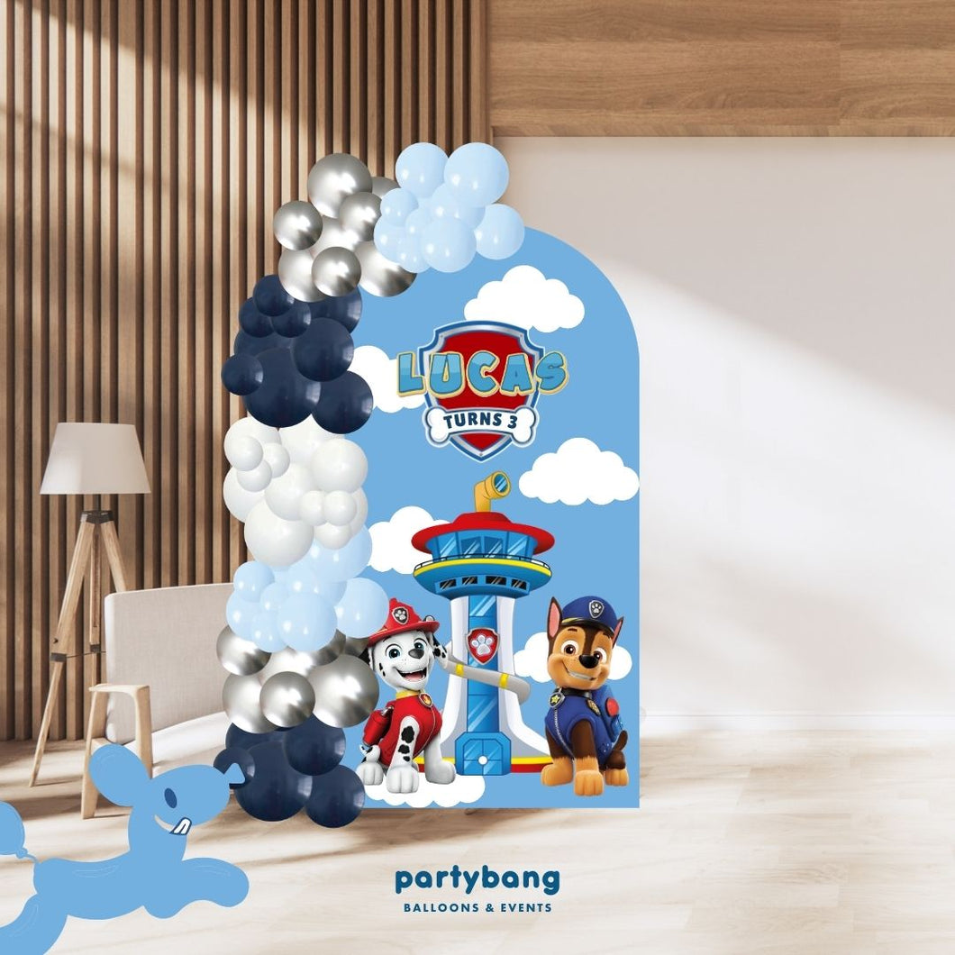 Custom Theme Foam Backdrop Set-up with Balloon Garland Supreme (One Board) Paw Petrol Chase and Marshall Backdrop