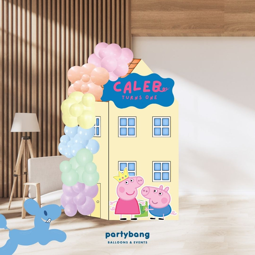 Custom Theme Foam Backdrop Set-up with Balloon Garland Supreme (One Board) Peppa Pig House Backdrop