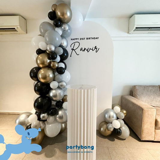 Plain Foamboard Arch Backdrop Setup with Balloon Garland (White Board w Pedestal)