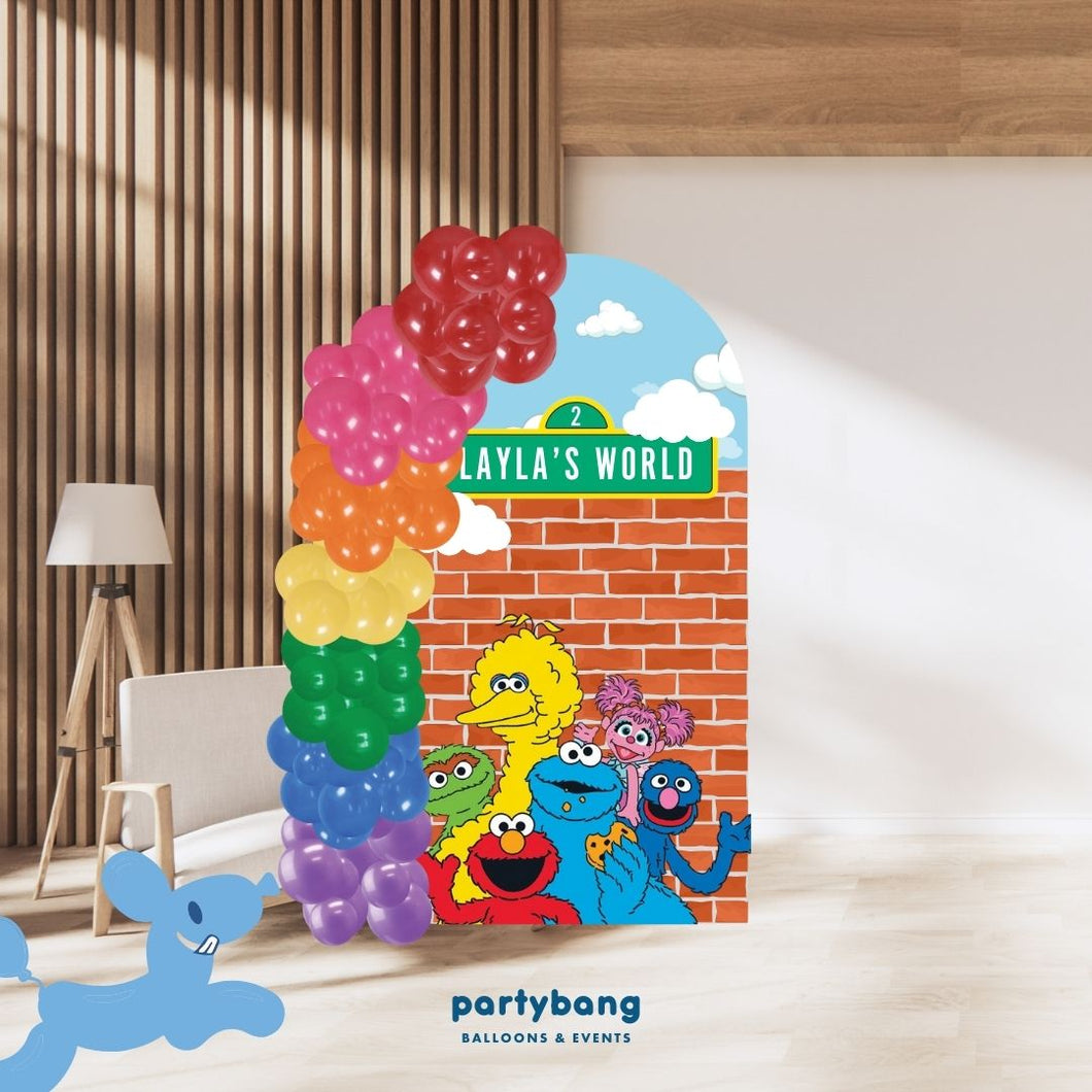 Custom Theme Foam Backdrop Set-up with Balloon Garland Supreme (One Board) Sesame Street Backdrop Street