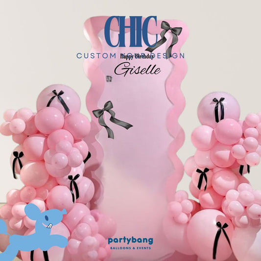 Chic Pink Ribbon Adult Theme Backdrop Setup with Balloon Garland (One Board)