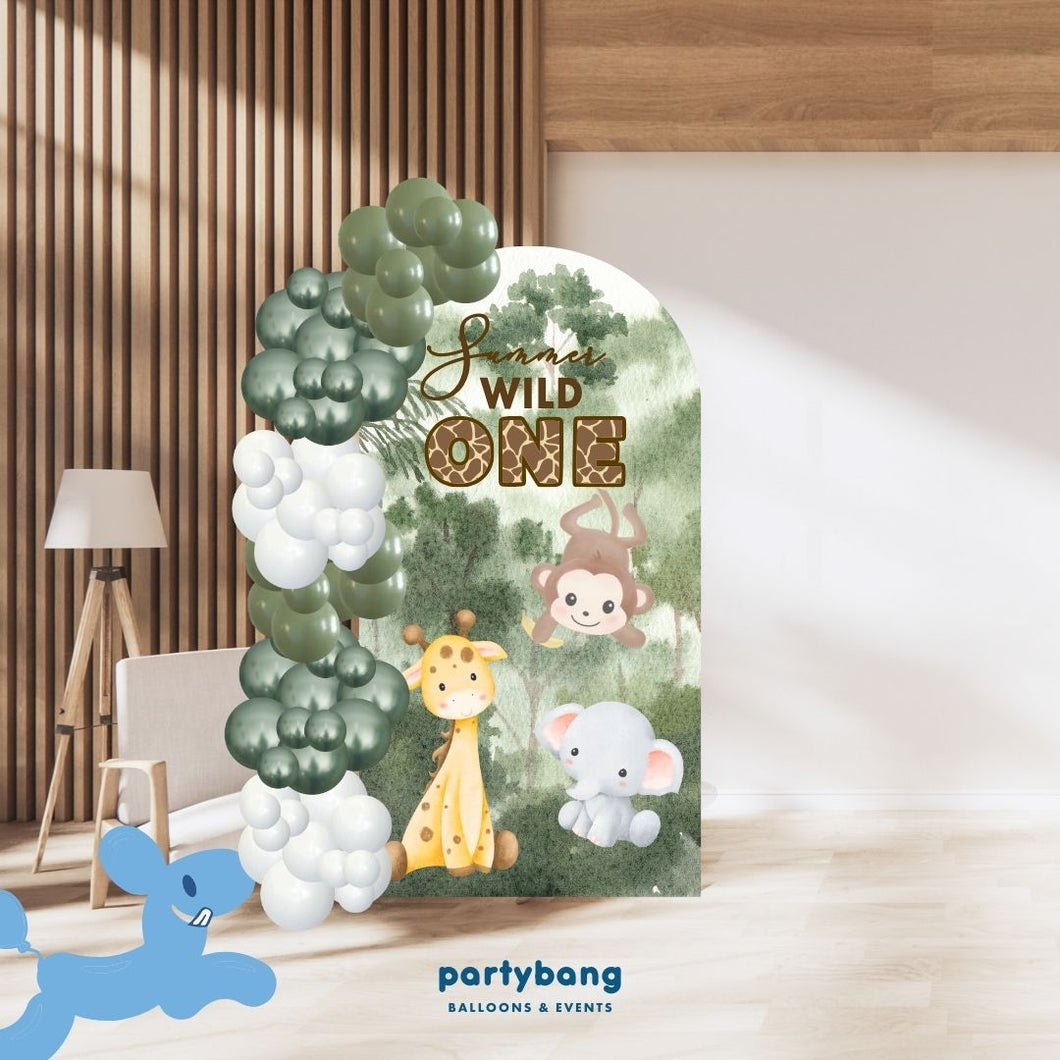 Custom Theme Foam Backdrop Set-up with Balloon Garland Supreme (One Board) Wild One Safari Backdrop