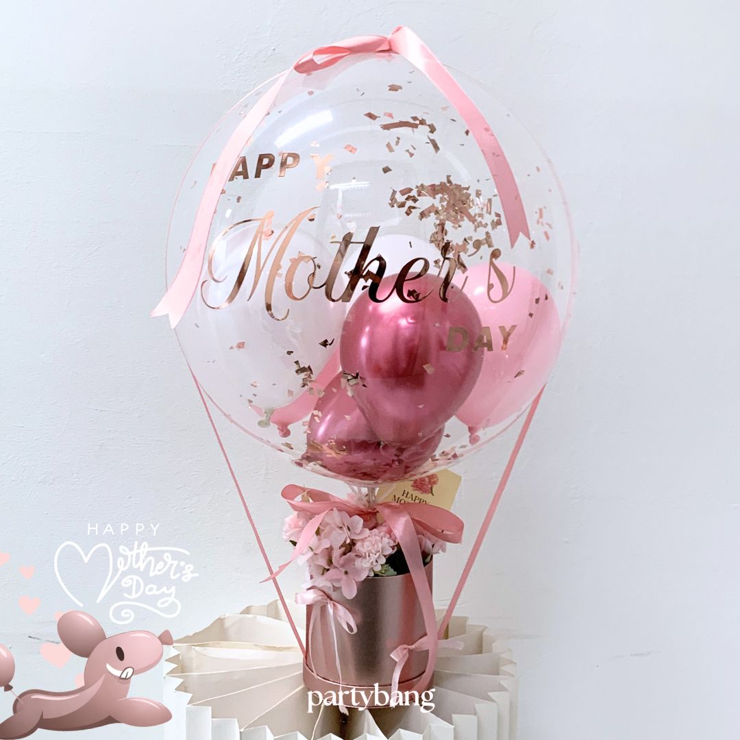 Mother's Day Bubble Balloon Hot Air Stick with Pink Faux Flower Gift Box